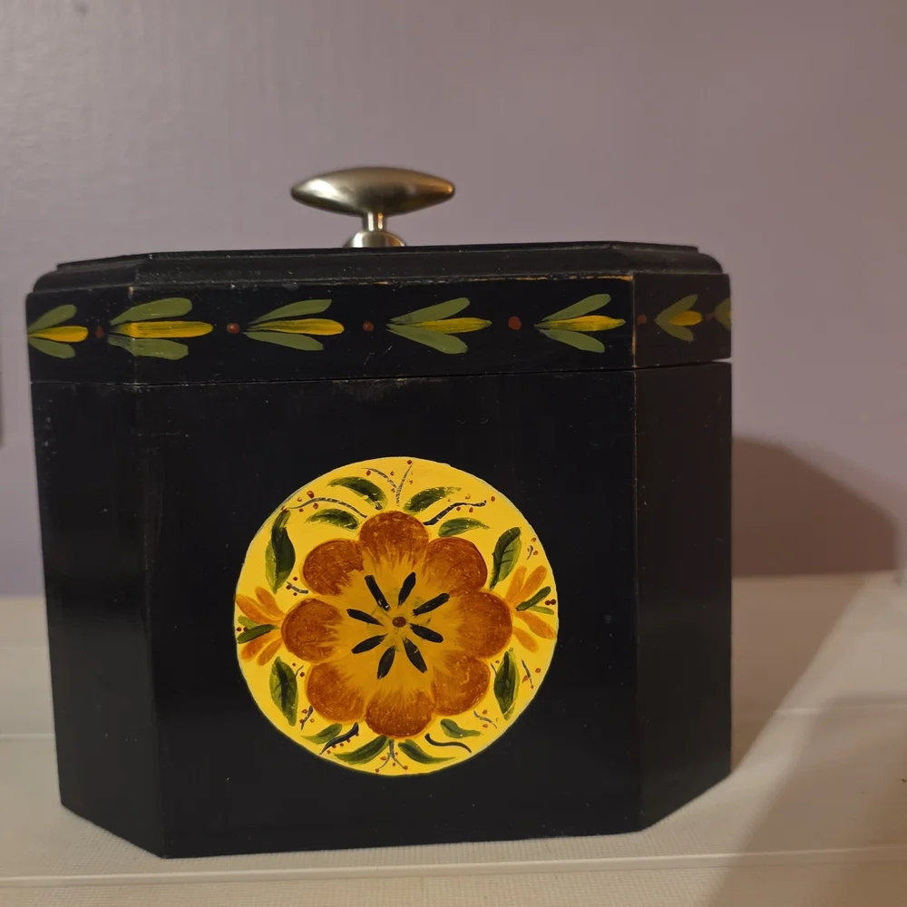 Handcrafted Black Wooden Box with Floral Design